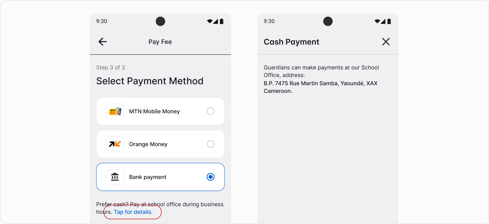 Cash payment method showup screenshot