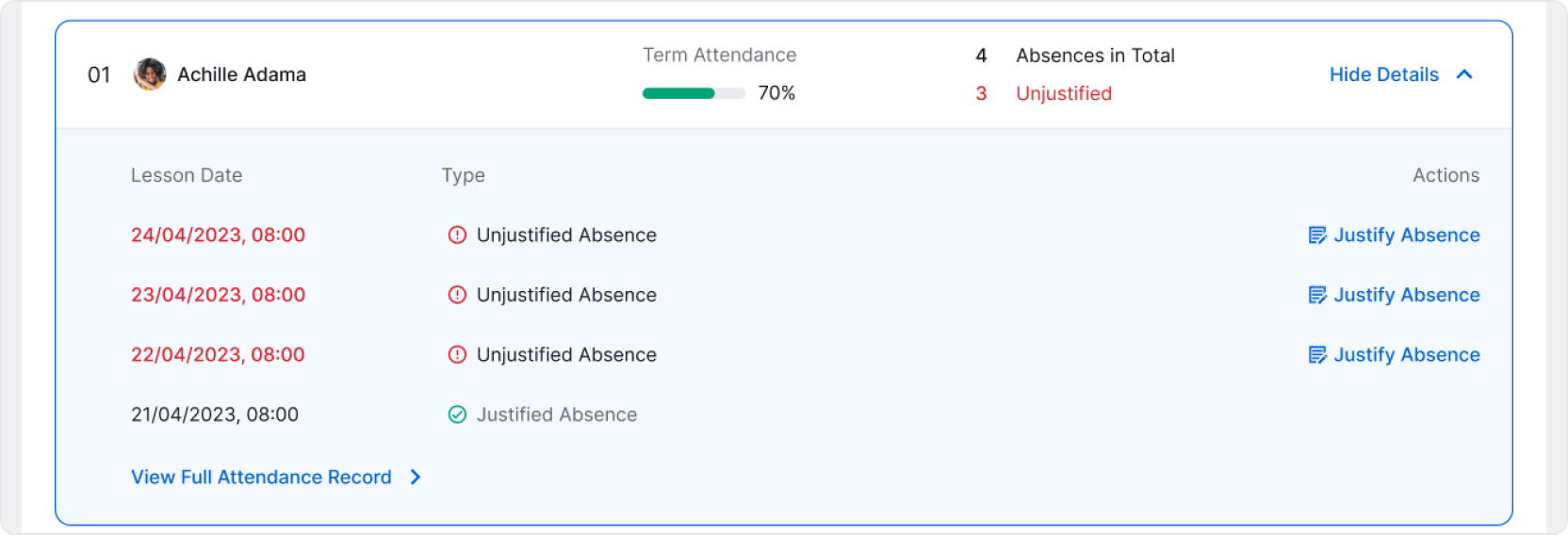 Student page justifying attendance image 2