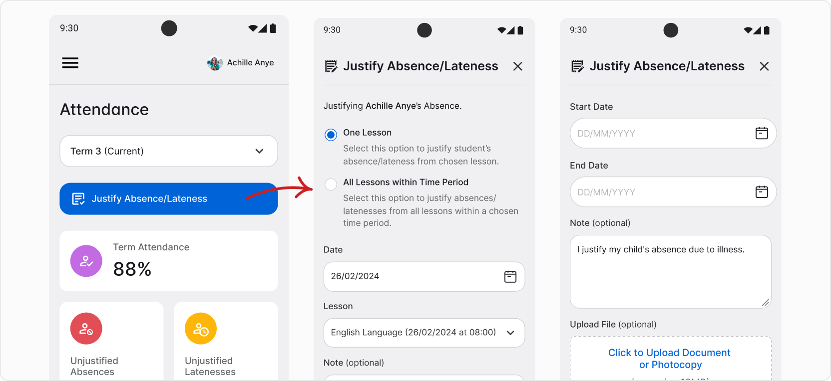 Justifying absences and latenesses guide screenshot