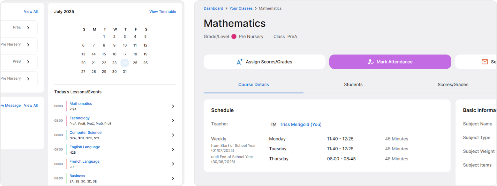 Dashboard calendar and class page images