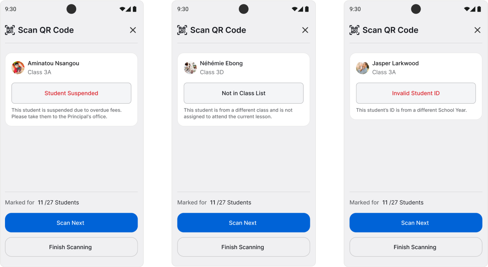 Mark attendance dialog mobile error statuses