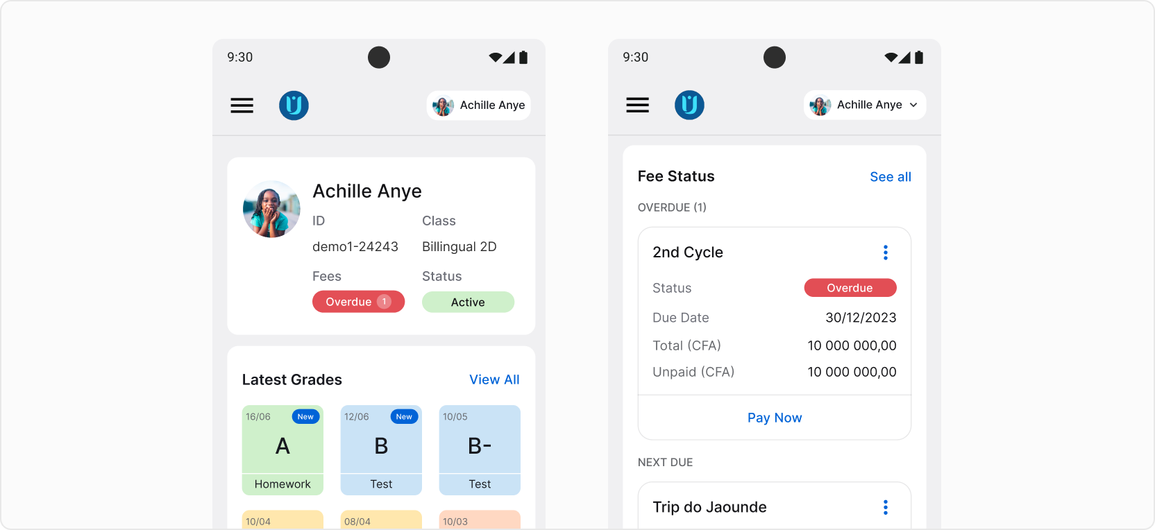 Parent app dashboard and fee list screenshots
