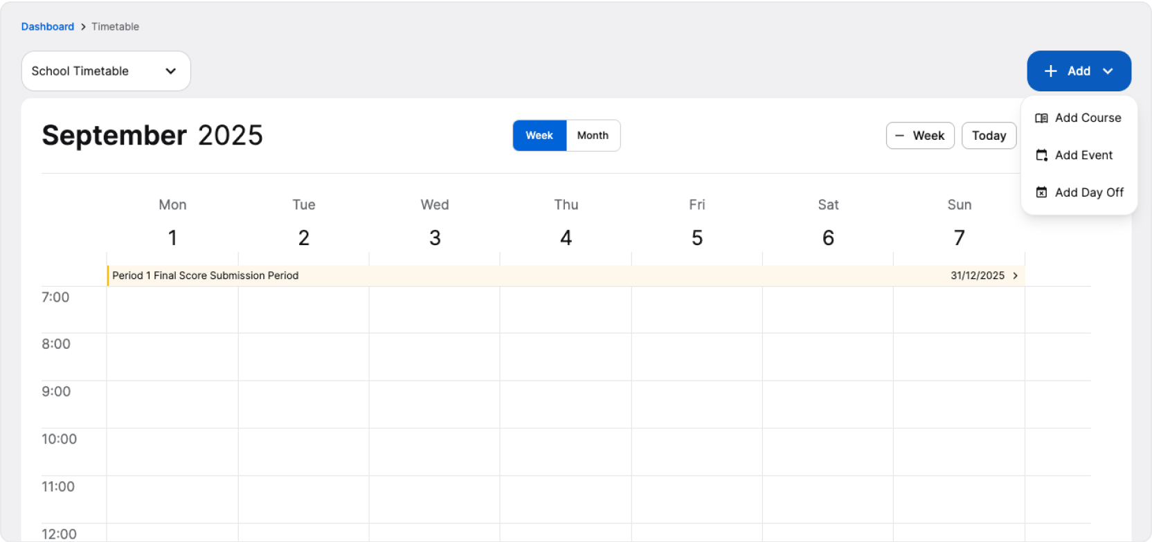 Timetable screenshot with expanded Add button