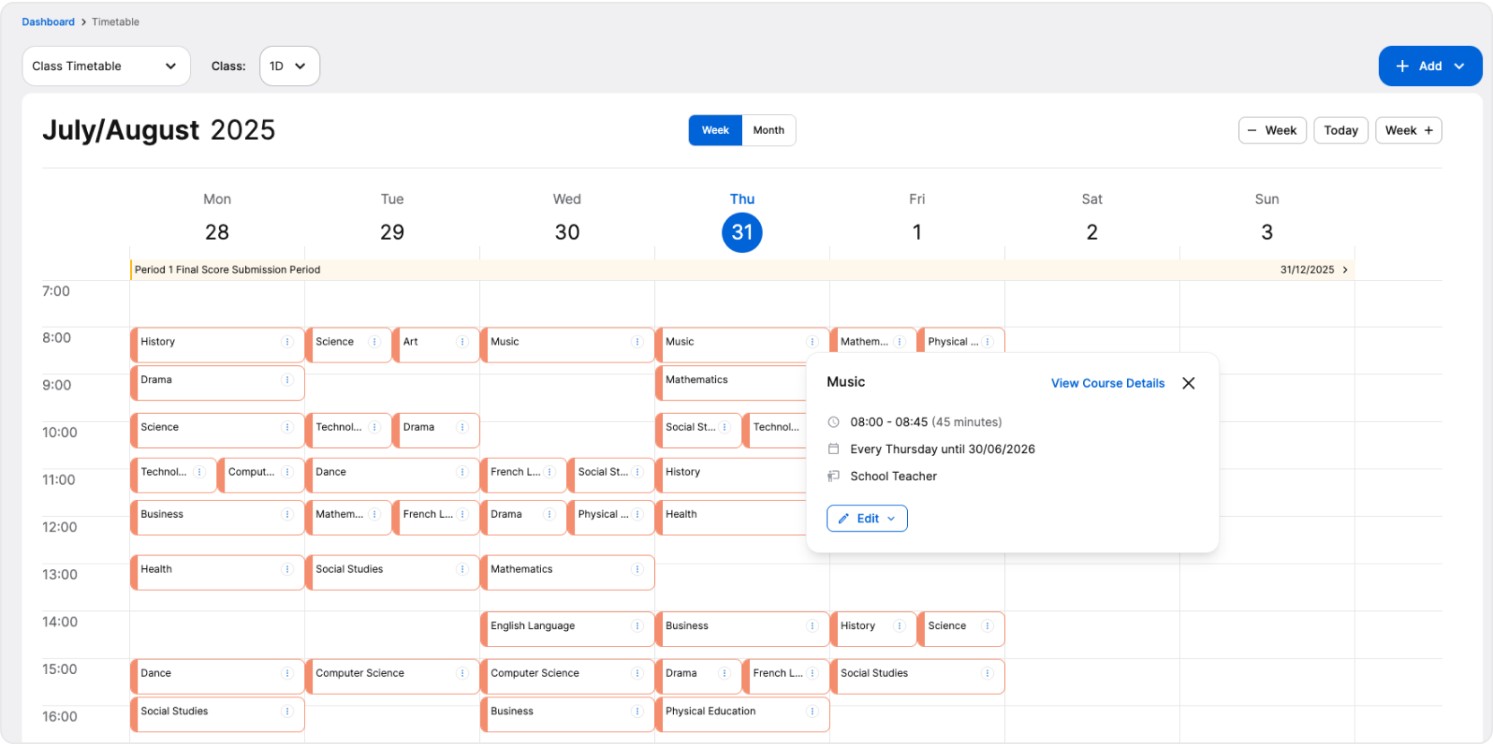 Timetable screenshot with expanded lesson