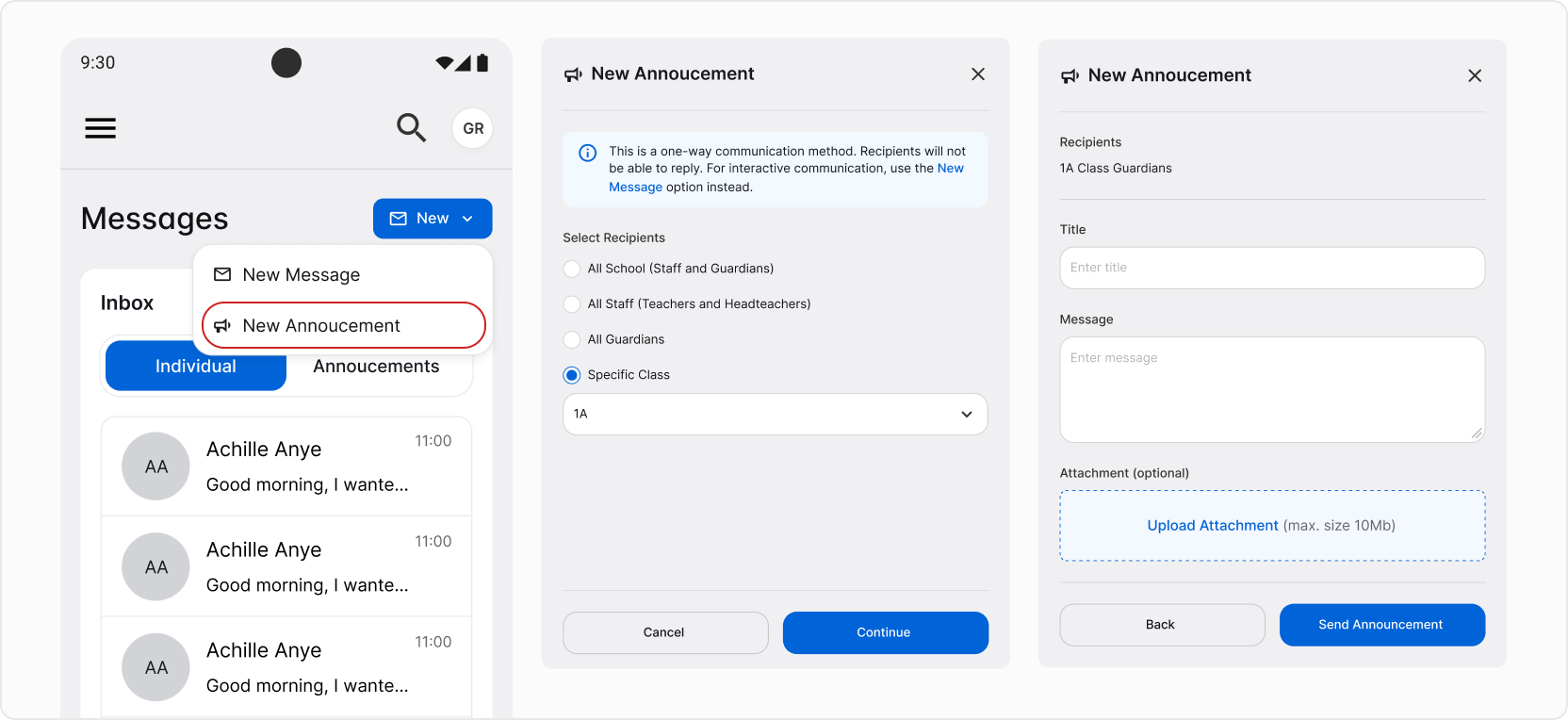 Sending an announcement screenshot guide