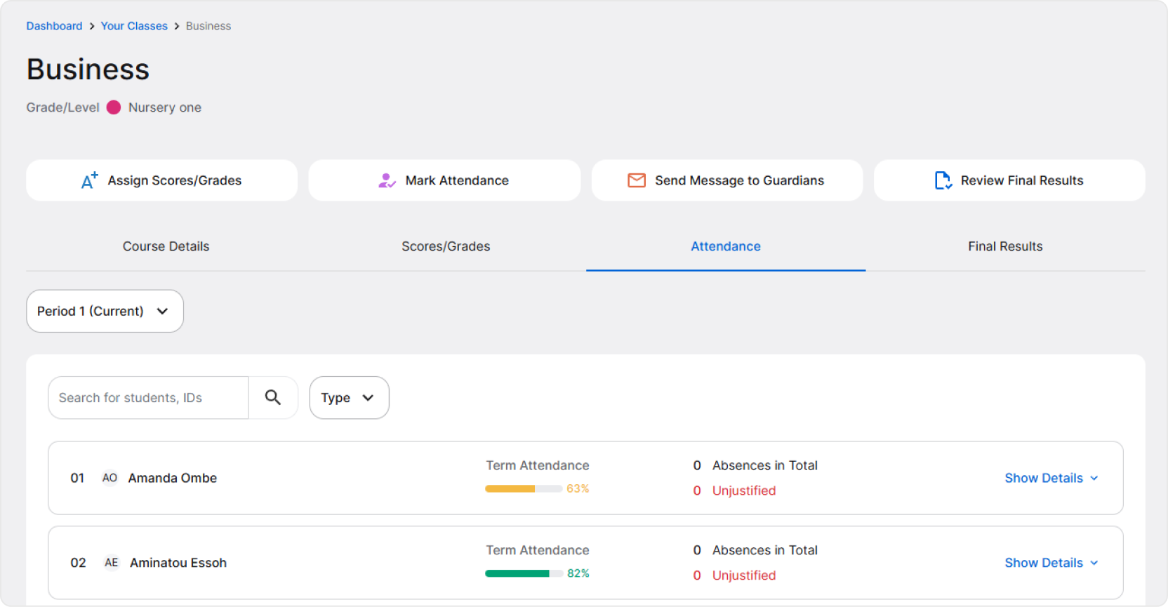 Class page attendance tab image