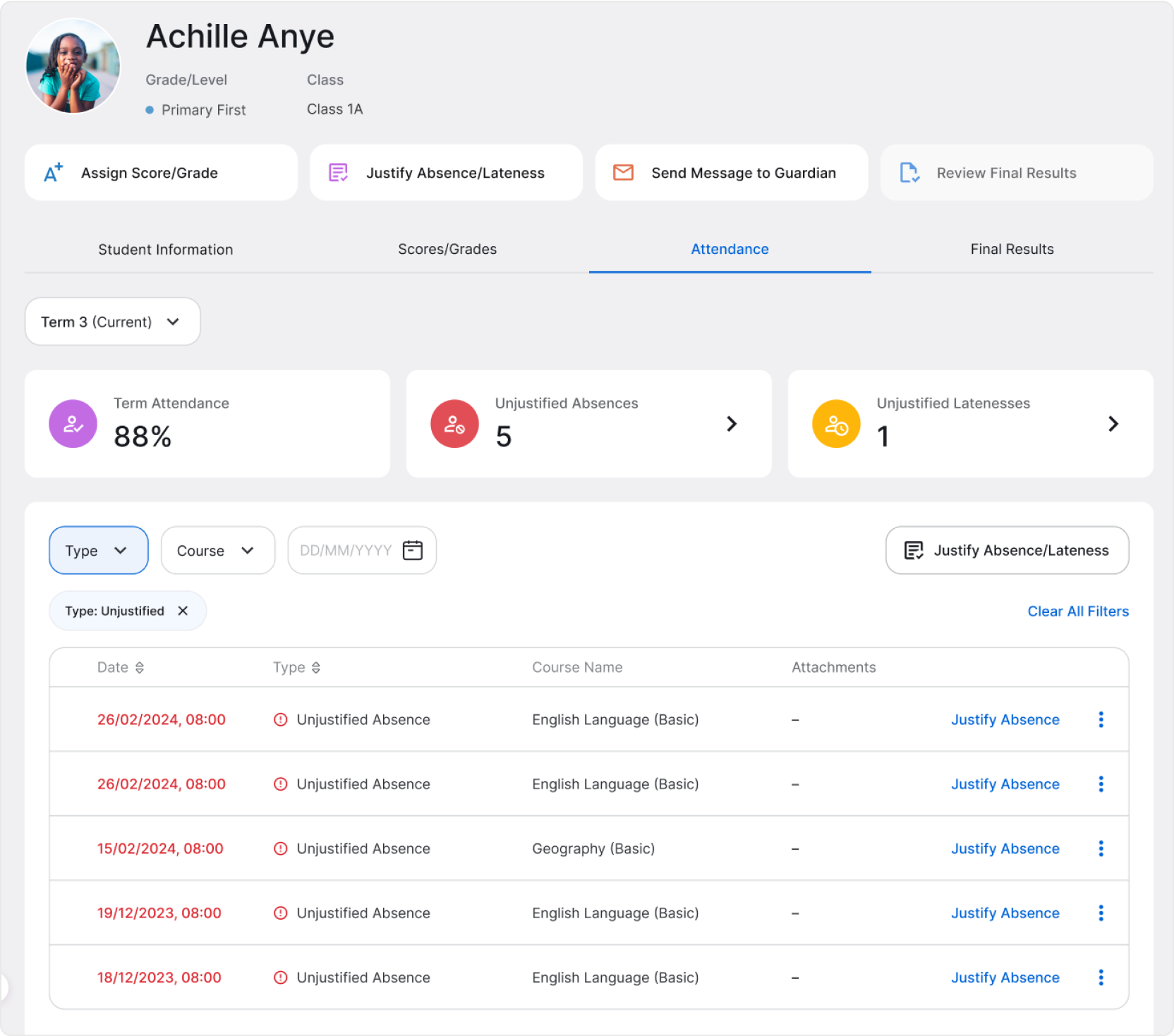 Student profile attendance tab image