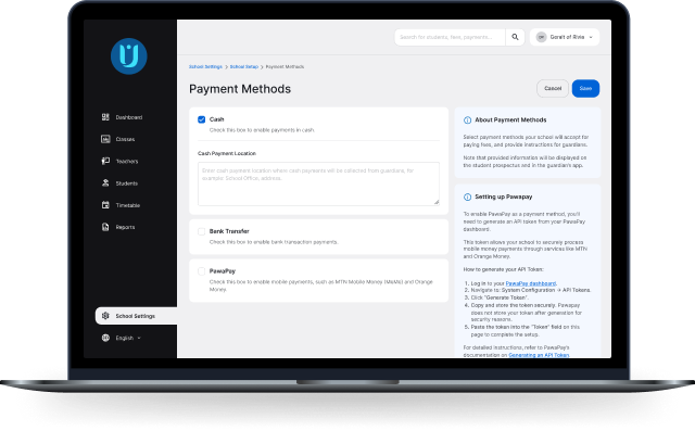 Payment Methods configuration screenshot